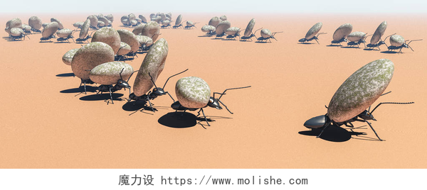 米色背景上一堆蚂蚁搬着石头蚂蚁团队概念工作